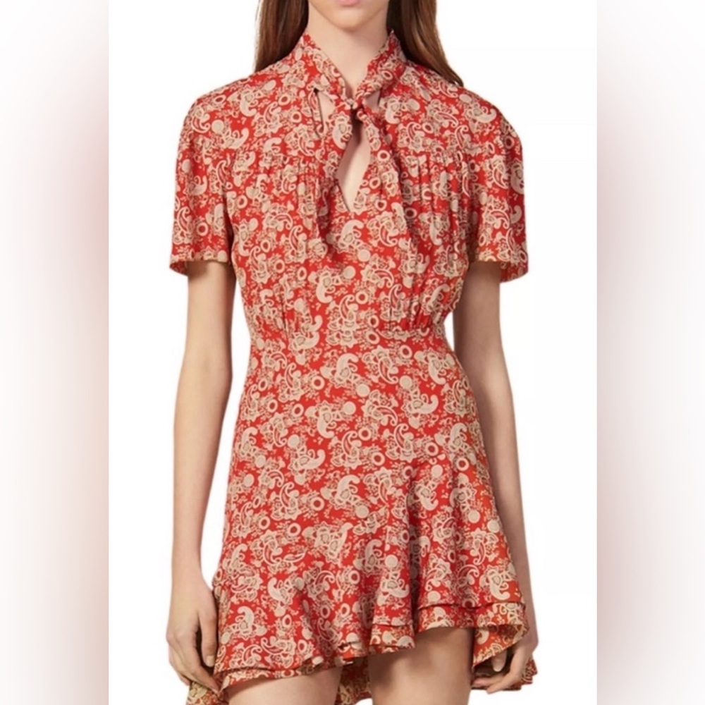 Sandro Red Paisley Tie-Neck Midi Dress